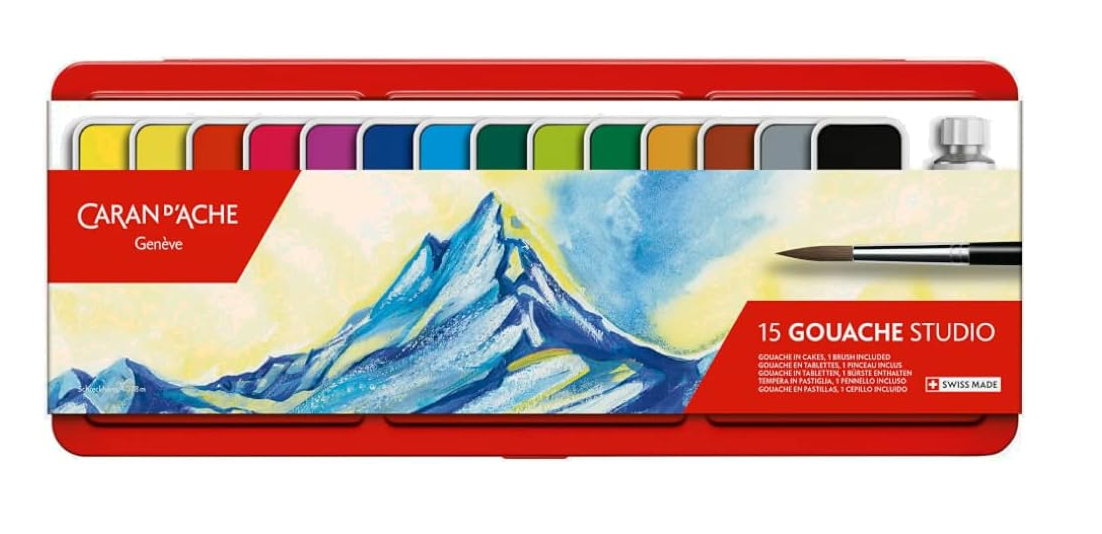 Caran d'Ache Gouache Studio set with mountain painting on the lid