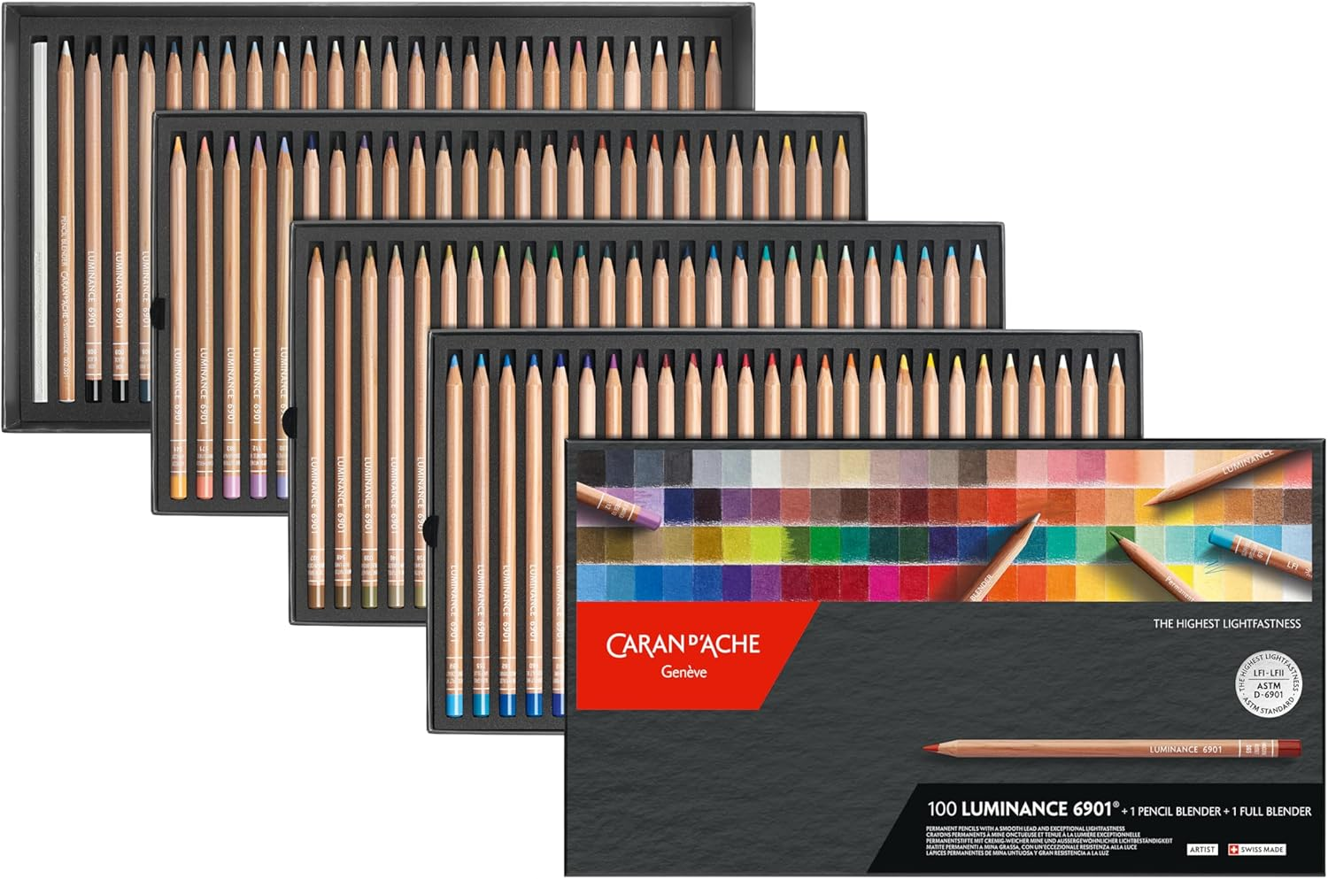 Set of Caran d'Ache colored pencils with packaging on a white background