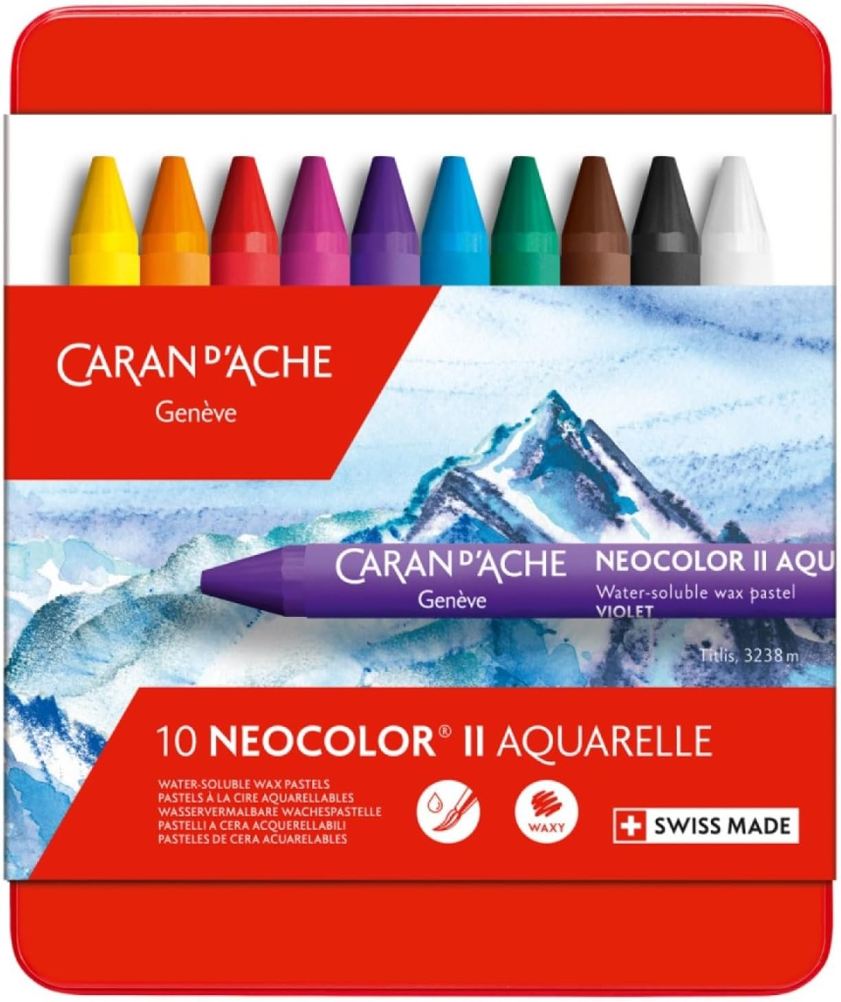 Caran d'Ache Neocolor II Aquarelle crayon set packaging with mountain illustration