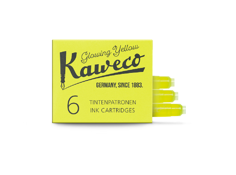 Pack of Kaweco ink cartridges with yellow packaging on a white background