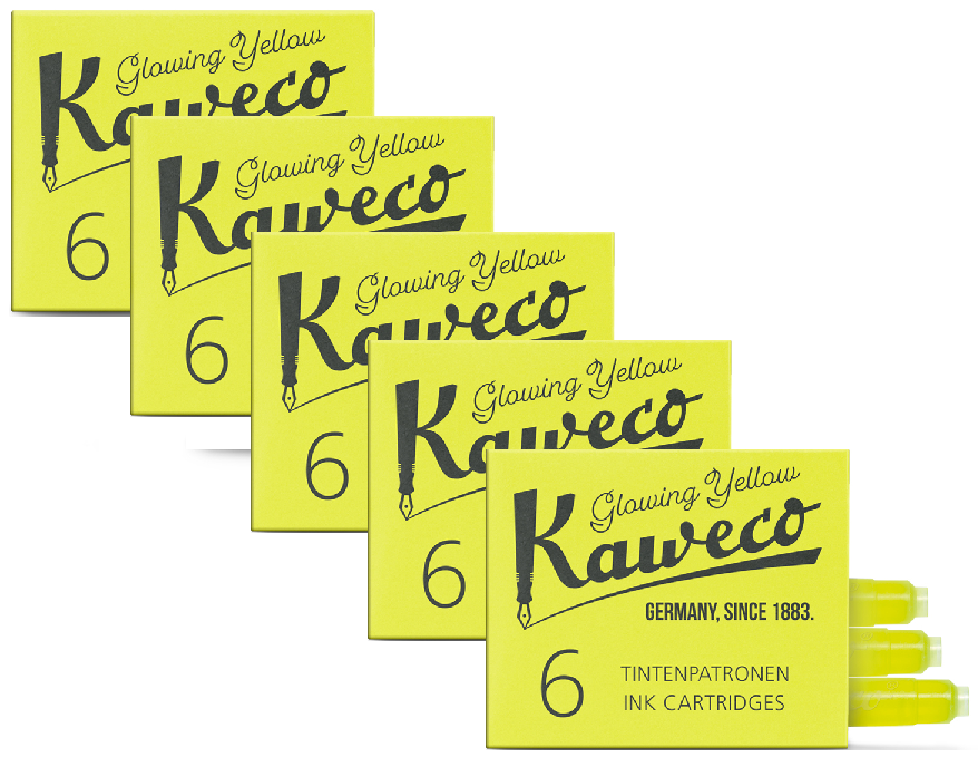 Set of Kaweco ink cartridges with yellow packaging on a white background