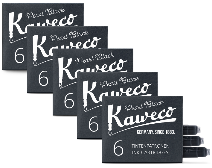 Set of Kaweco pearl black ink cartridges with packaging on a white background